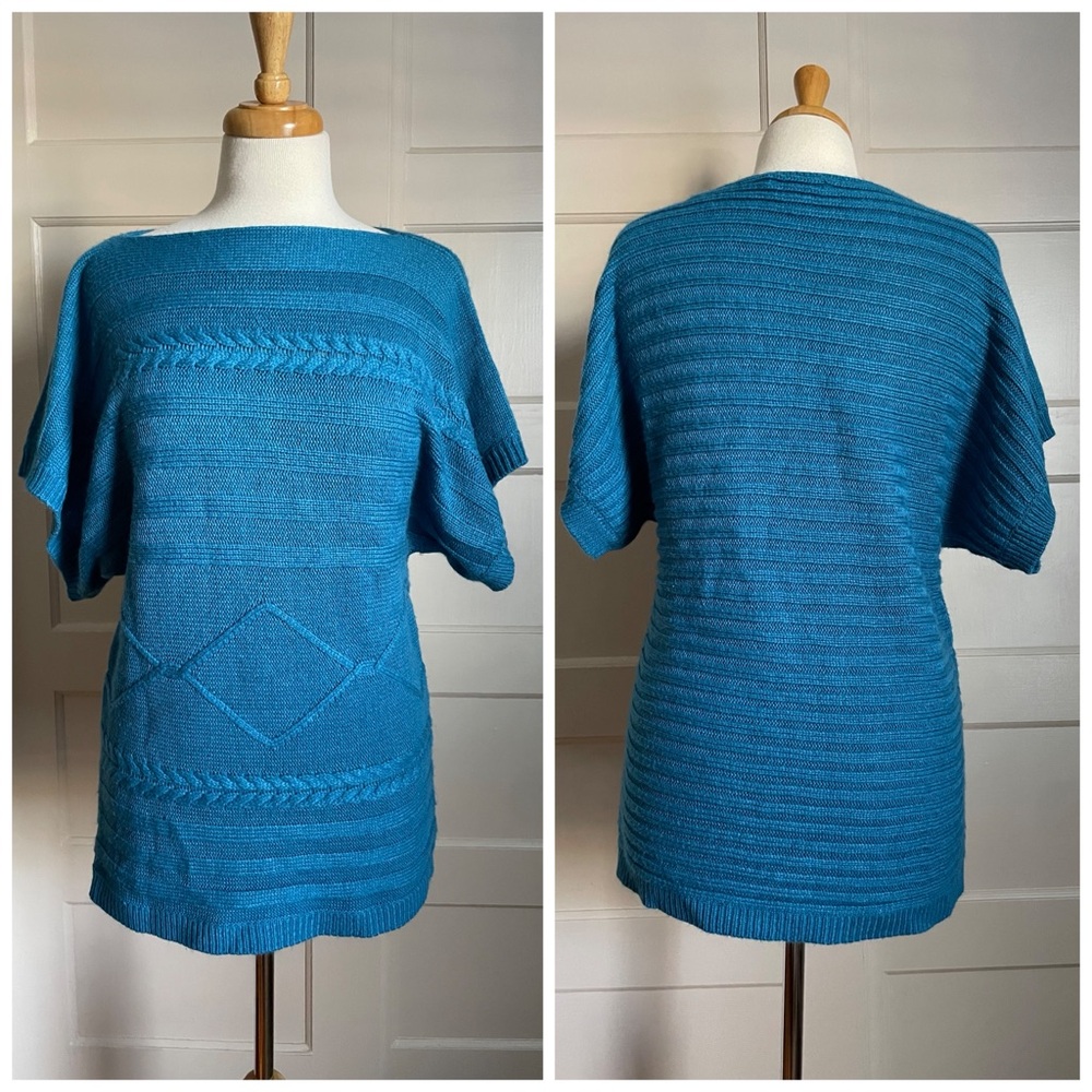 New York & Company Sweater Tunic Short Sleeve Knit Turquoise Blue